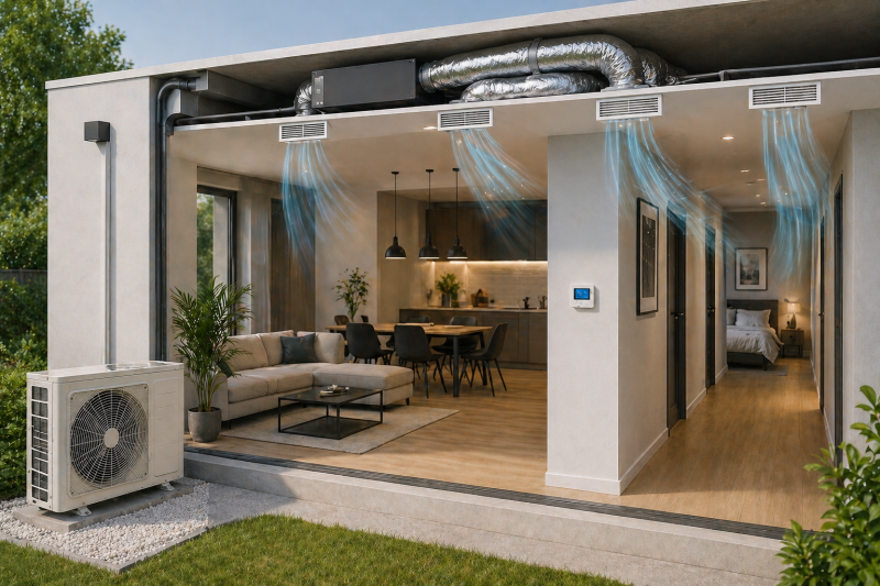 Installation professionnelle de climatisation gainable multizone Mitsubishi : confort optimal, discrétion et économies d’énergie sur le Bassin d’Arcachon avec Climeco33